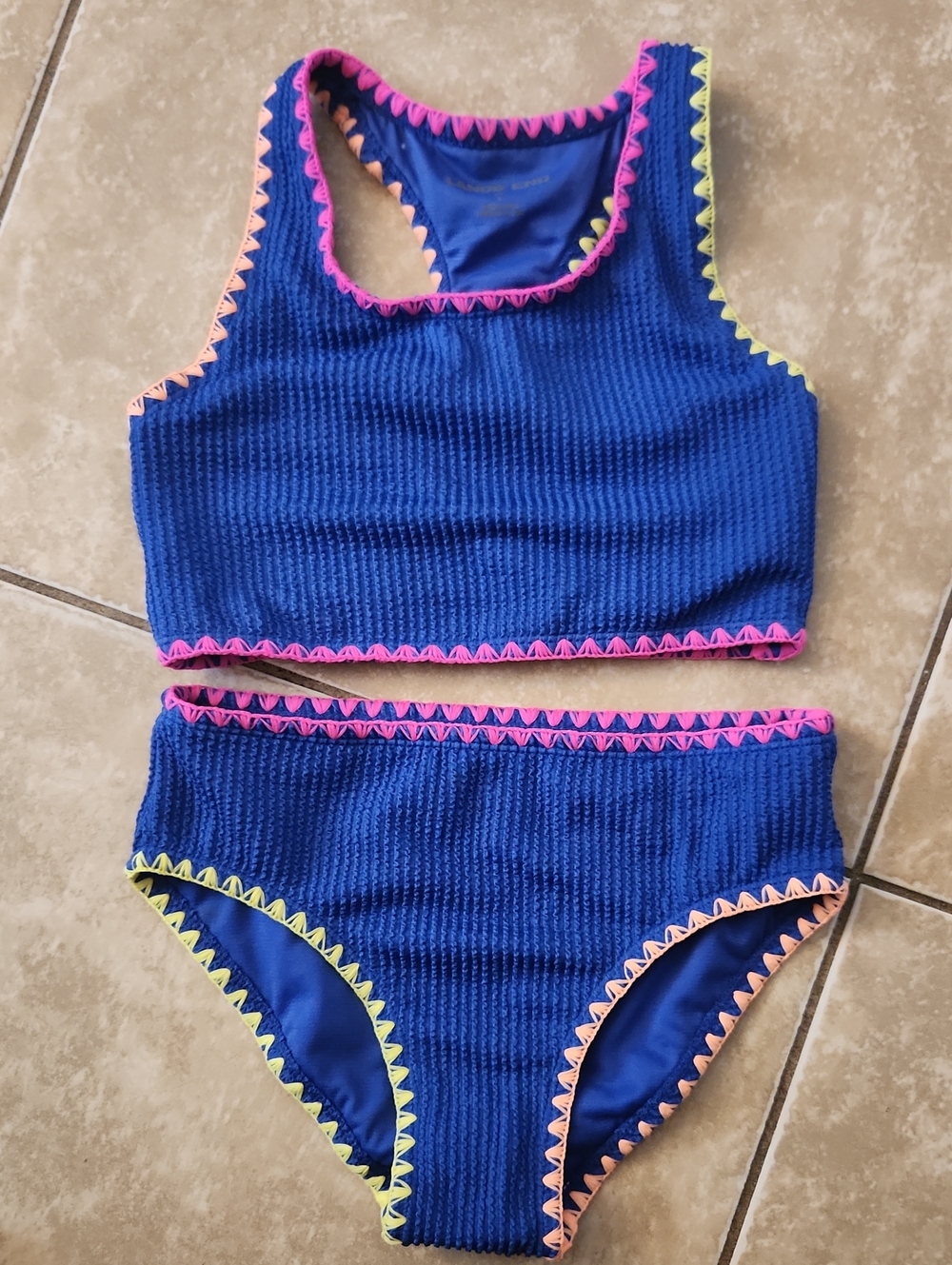 Lands End Blue Textured Two-Piece Bikini with Neon Trim